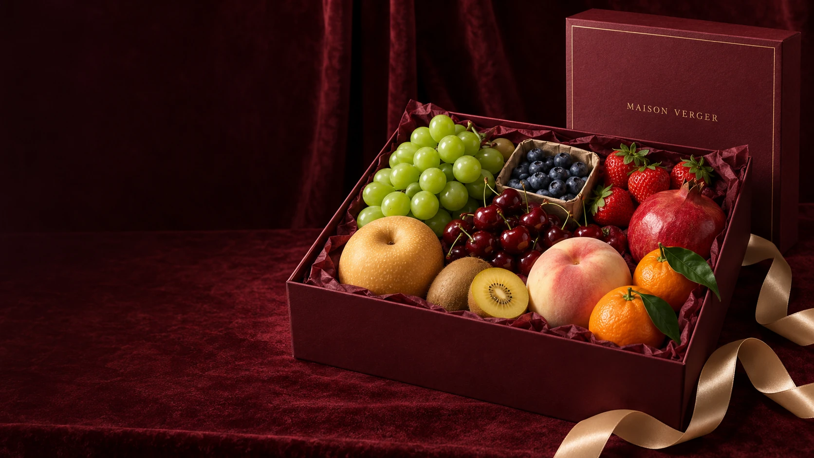 An illustrative Maison Verger Bordeaux gift box filled with grapes, cherries and seasonal fruit